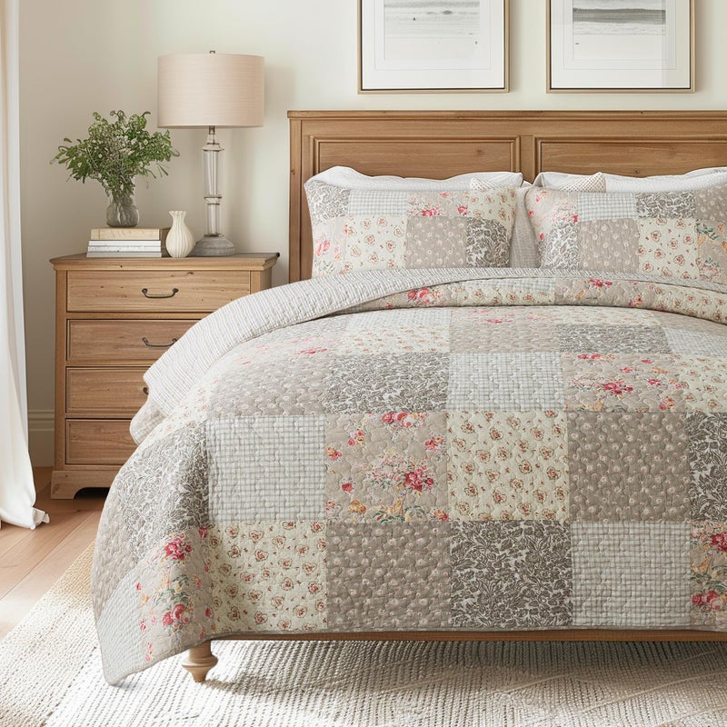 SLPR Walk in The Cotswolds Patchwork Cotton Pieced Quilt Set - Twin Size with 1 Sham, Neutral Floral & Cream Cottage Quilted Bedspread, French Country Farmhouse Bedding for All Seasons - Image 1